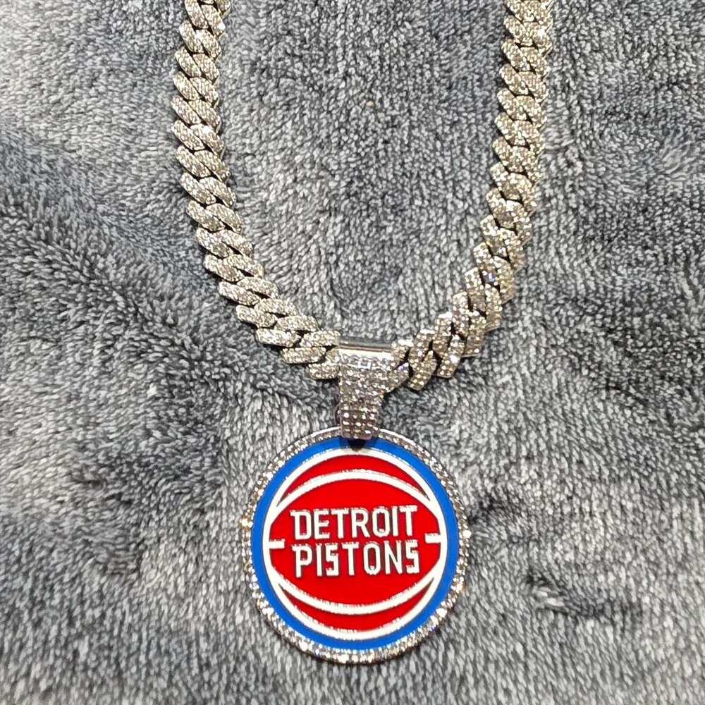 Silver Detroit Pistons cuban link necklace